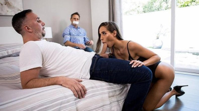  Boyfriend is tied up, helpless, can only watch his girlfriend having sex with others
